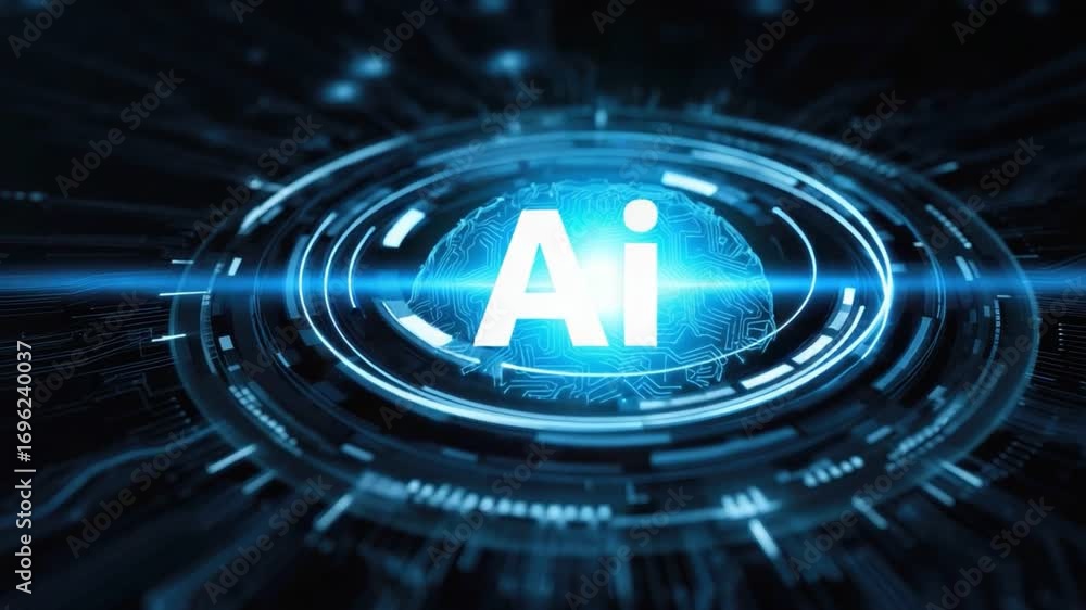 Poster this graphic illustrates artificial intelligence represented by a glowing symbol surrounded by a dyn