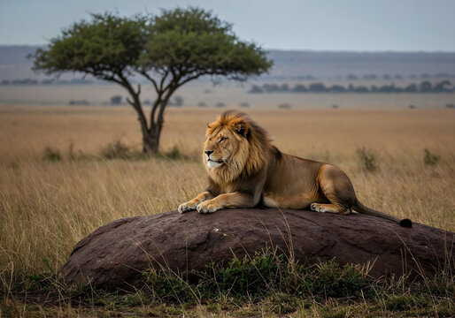 A lion rests on a rock in the savannah, with a tree in the background.