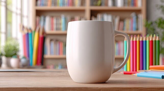 Close-up of a white mug on a desk with colorful pencils and a bookshelf in the background, soft focus, bright