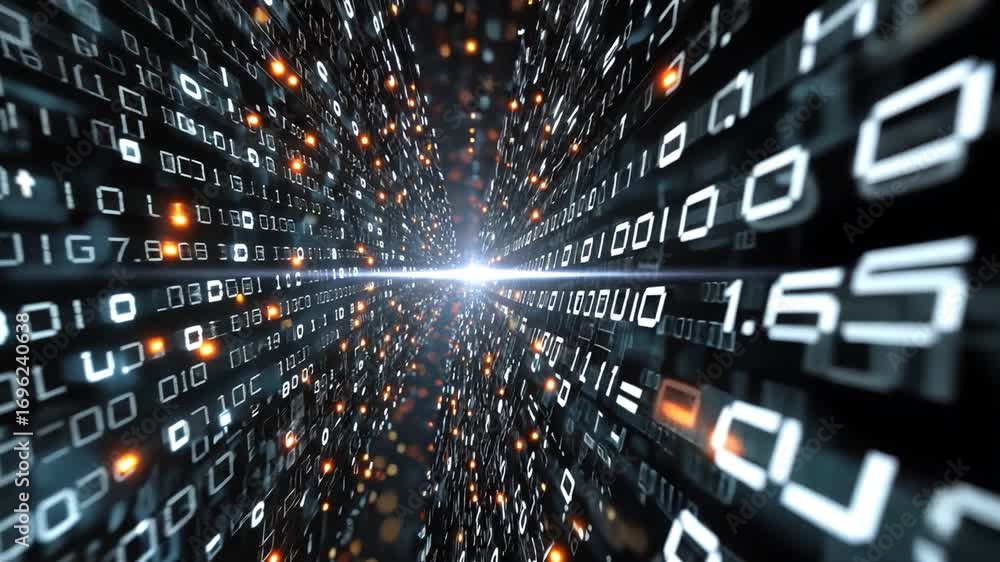 Poster this image depicts a mesmerizing journey through a digital tunnel filled with binary code
