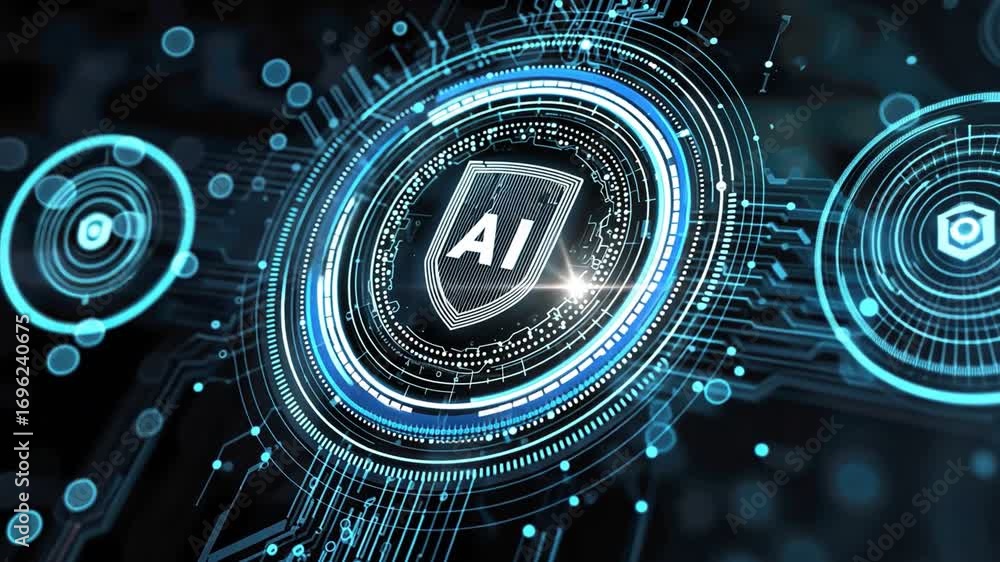 Poster futuristic ai shield design showcasing high-tech elements and digital networks, representing advance