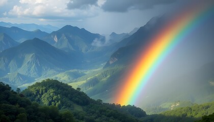 Beautiful rainbow over green mountains
