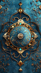 Elegant gold filigree embellishes vibrant teal texture. Luxurious, ornate design with intricate details.