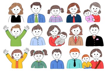 Fototapeta premium Cartoon family illustration featuring diverse members with cheerful expressions and simple designs