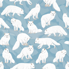 Seamless pattern with Arctic foxes Vulpes lagopus. White fox, polar fox, or snow fox. Realistic vector animal of the Arctic and arctic tundra.