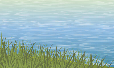Lake or river bank with lush green grass growing on it. Realistic vector landscape. Habitat