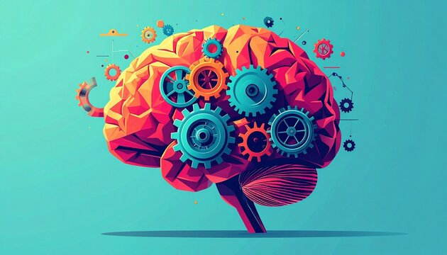 A colorful, geometric human brain with interlocking gears and cogs, symbolizing thought, intelligence, and mental processes.