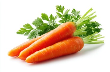 Three orange carrots arranged on white with green leafy tops. Soft lighting creates subtle shadows and highlights