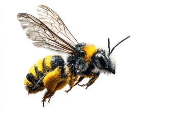 A fuzzy bee, vibrant yellow and black, wings aflutter against a stark white background, mid-flight