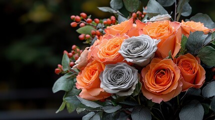   A sharp close-up of a bouquet of vibrant flowers, their petals and leaves artfully arranged, resting atop a pristine table against a hazy backdrop
