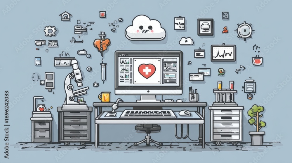 Poster a background with a lot of different symbols and icons.abstract medical background with icons and pa