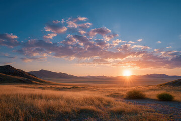 Fototapeta premium experience breathtaking beauty of sunset in vast steppes of kazakhstan where sky transforms into masterpiece of