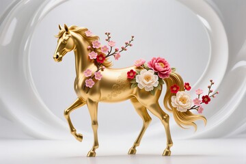 A surreal, simple 3d artwork of an Elegant flora, a golden horse decorated with plum blossoms and peonies, a festive motif, and a white base