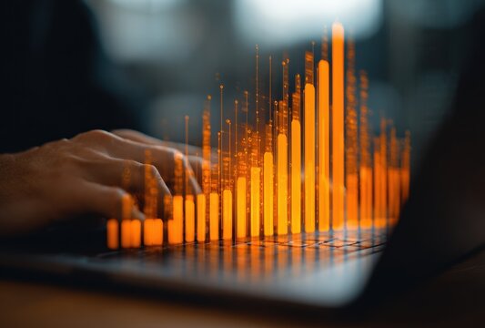 Hands typing on laptop with orange data bar graph overlay. Dark, blurred background. Focus on graph/hands - Powered by Adobe