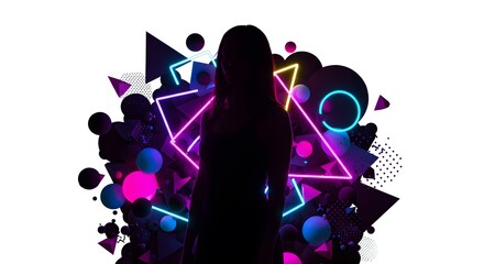 black silhouette of woman on colorful neon geometric shapes background, techno body concept