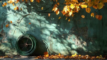 A close-up of a rusted green hose reel on a cracked, peeling blue-grey brick wall, with autumn leaves and ivy hanging from the top