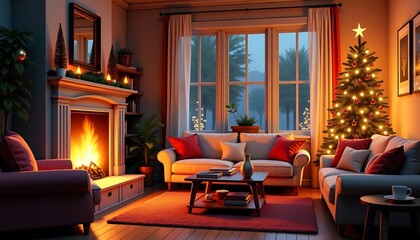 Cozy living room decorated for Christmas with festive tree and fireplace