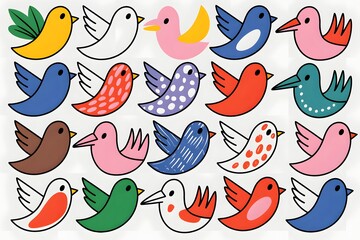 Colorful birds pattern illustration with different bird designs and color combinations art piece design
