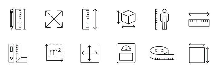 Measure line icon set. Measurement, scale, size, ruler, gauge, dimension and more. Black outline icon. Vector illustration.