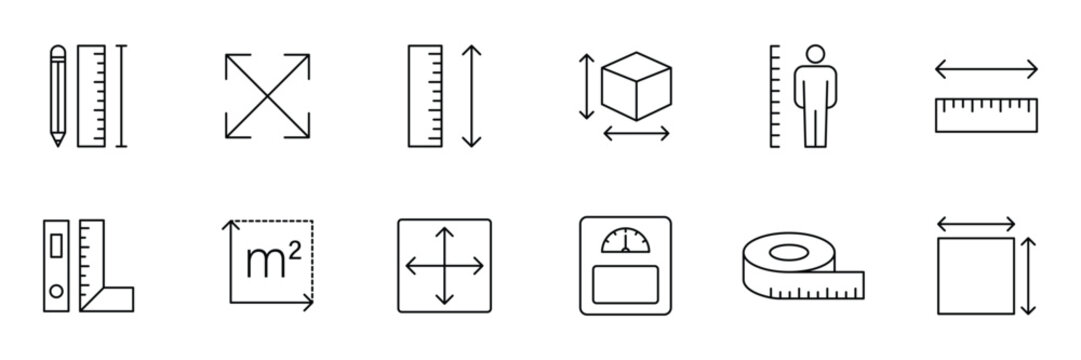 Measure line icon set. Measurement, scale, size, ruler, gauge, dimension and more. Black outline icon. Vector illustration.
