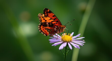 A butterfly rests on a flower The butterflys wings are orange brown and black and the flower has lavender petals and a yellow center