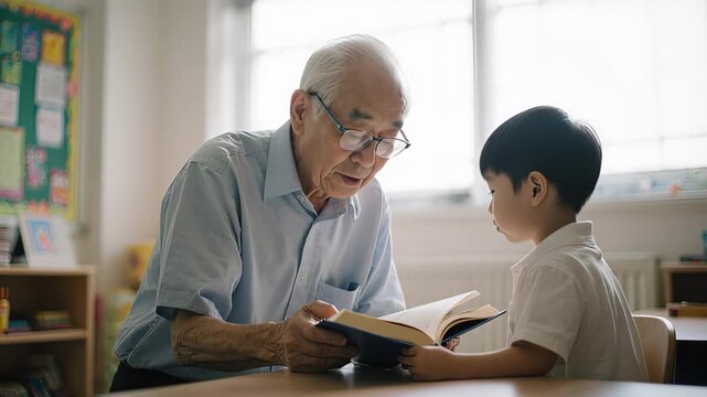 Elderly Asian Man Reading Book to Young Grandson in Classroom