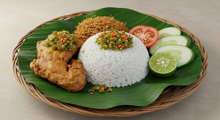 A plate of rice fried chicken tomato cucumber and lime sits on a leaf