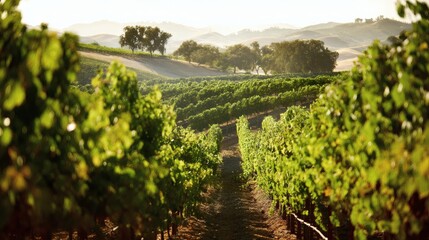 vineyard. Serene vineyard landscape with orderly grapevine rows under natural sunlight, evoking tranquility and growth. travel magazines.