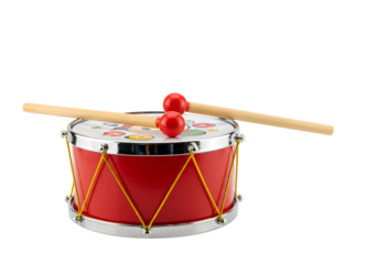 Red Toy Drum with Wooden Sticks: Festive Percussion Instrument on white background