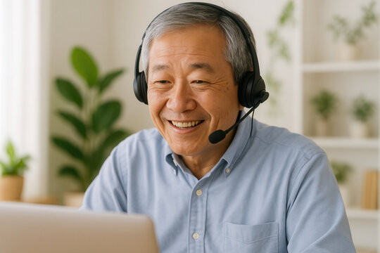 Senior man video conferencing at home for professional or personal communication