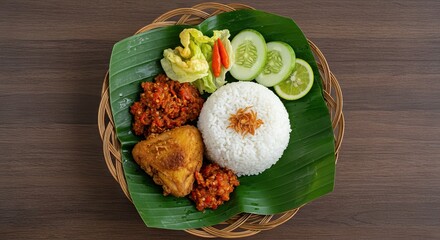 Indonesian meal fried chicken rice sambal cucumber and lime on a woven tray with banana leaf