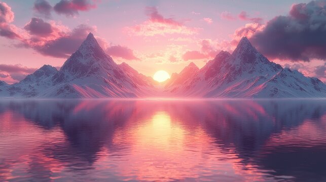 Serene sunset over snow-capped mountains reflected in still lake