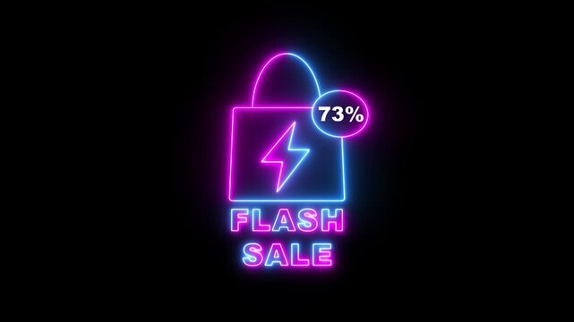 Neon flash sale shopping bag with 73 percent discount and lightning bolt image photo