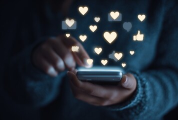 Hands hold a phone displaying glowing heart and thumbs-up icons against a dark, textured background