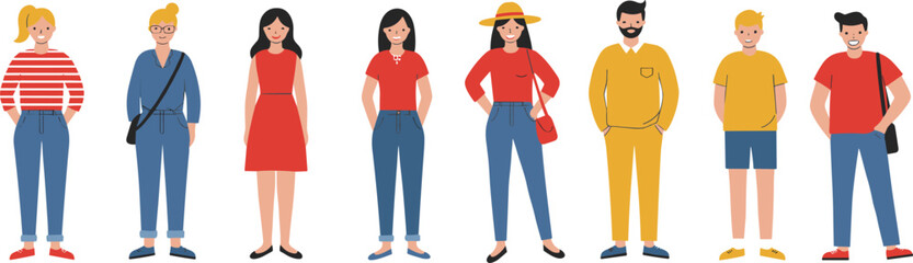 Cartoon illustration of diverse group of people standing together, flat design characters in casual clothing, teamwork, diversity, lifestyle, community, friendship