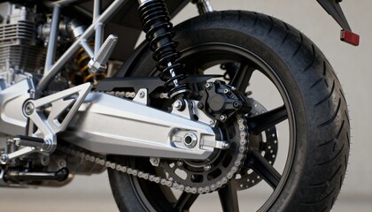 Detailed Close-up of Motorcycle Rear Wheel, Suspension, and Drive Chain