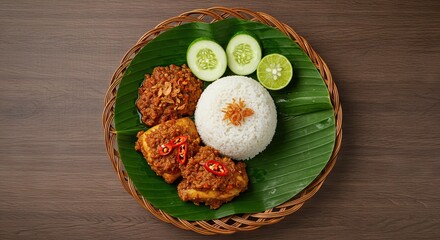 The image showcases a platter with rice chicken cucumber and lime arranged on a banana leaf inside a wicker basket