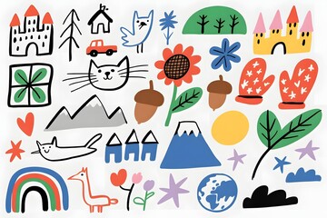 Colorful doodle collage with castles, animals, and nature elements on a white background