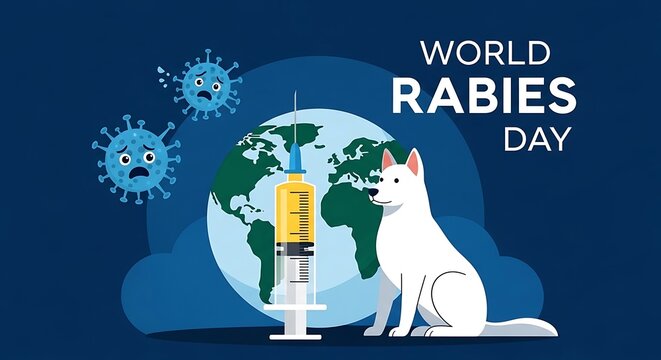 World rabies day illustration with a dog, syringe, and globe, emphasizing prevention and global health