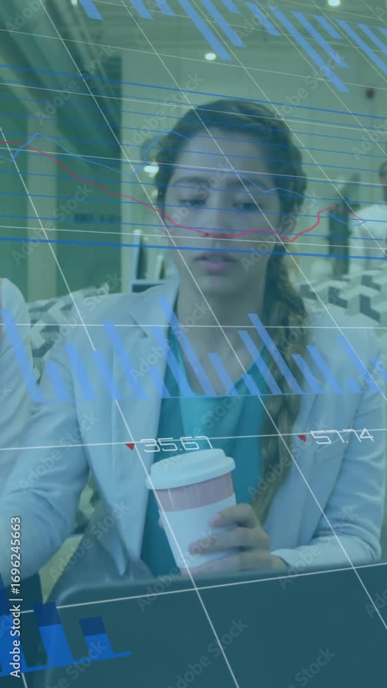 Aufkleber animation of financial data processing over diverse colleagues discussing work in office