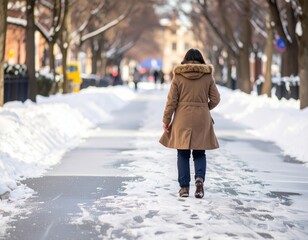 Woman in a winter coat walking in the snow