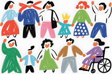 Colorful diverse group of people holding hands together in unity and inclusion artwork style