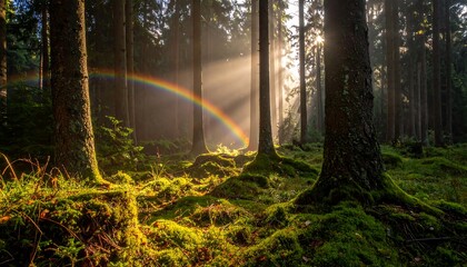 Sunlight streams through a misty forest, illuminating a vibrant rainbow