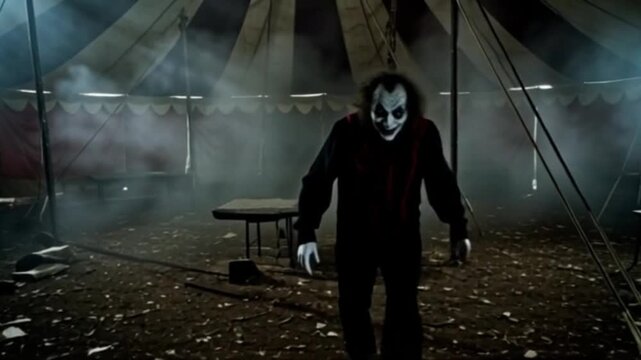 Ein Horror-Clown taucht pl&ouml;tzlich aus dem Nebel eines verlassenen Zirkuszeltes auf