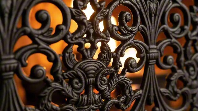 Intricate wrought iron scrollwork casts a fascinating silhouette against the warm, flickering glow of a fire, evoking a sense of timeless elegance and cozy ambiance
