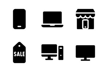 Collection of essential flat black icons for technology and retail themes