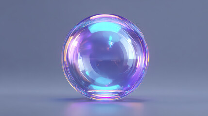 Obraz premium Iridescent glass sphere glowing with vibrant blue and purple light reflections, placed on smooth surface, creating magical and futuristic atmosphere