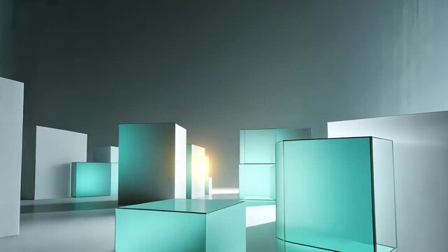 Abstract composition showcases geometric glass structures with varying sizes and transparency, illuminated by internal and external light sources, creating a modern artistic display.