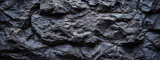 Close-up on dark, sharply-edged rock fragments stacked horizontally, creating a rugged, shadowy, textured background with variations in light