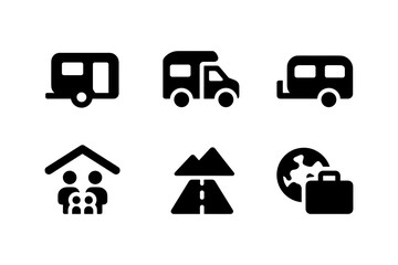 Travel icons: camper, family, road, mountain, adventure symbols